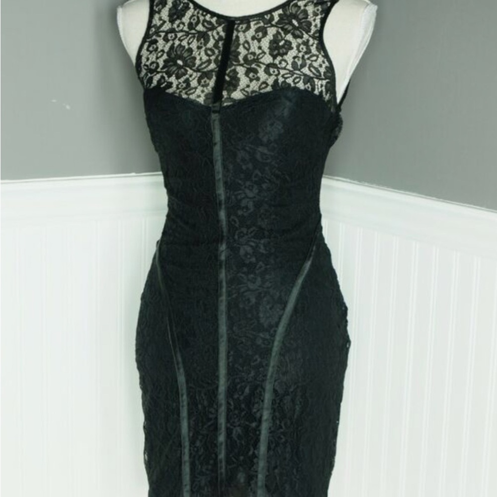 Bebe Black Lace Overlay Satin Bandage Corset Dress XS